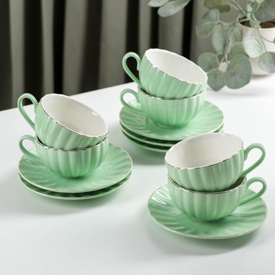 УЦЕНКА Сервиз фарфоровый чайный Доляна «Вивьен», 12 предметов: 6 чашек 200 мл, 6 блюдец d=15 см, цвет зелёный