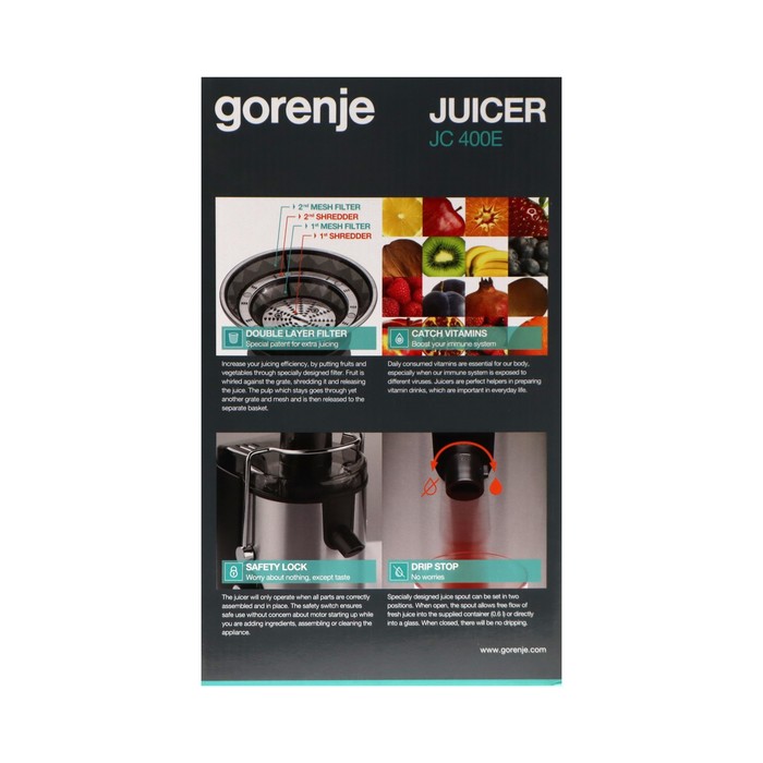 Соковыжималка Gorenje JC400E, шнековая, 400 Вт, 1.6 л, серебристо-чёрная - фото 51341958 Соковыжималка Gorenje JC400E, шнековая, 400 Вт, 1.6 л, серебристо-чёрная - фото 51341958