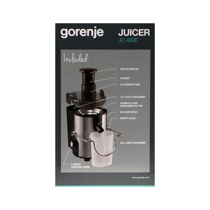 Соковыжималка Gorenje JC400E, шнековая, 400 Вт, 1.6 л, серебристо-чёрная - фото 51341959 Соковыжималка Gorenje JC400E, шнековая, 400 Вт, 1.6 л, серебристо-чёрная - фото 51341959