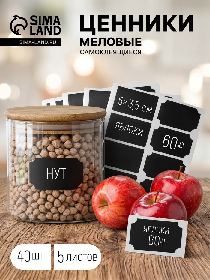 Ценники самоклеящиеся меловые «Прямоугольник», 40 шт., 5×3.5 см, чёрные - Фото 1