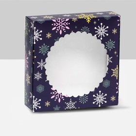 Подарочная коробка сборная с окном  "Снежинки", 11,5 х 11,5 х 3 см