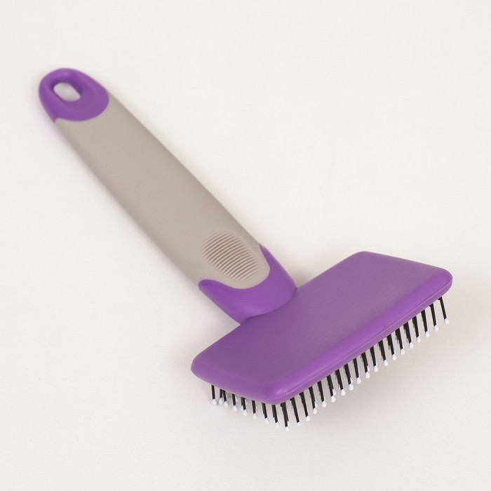 Пуходерка с прорезиненной ручкой, закругленные зубья, малая, 6,5 х 14,5 см, фиолетовая