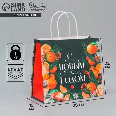Пакет подарочный новогодний крафтовый «Новогодняя суета», 25×22×12 см