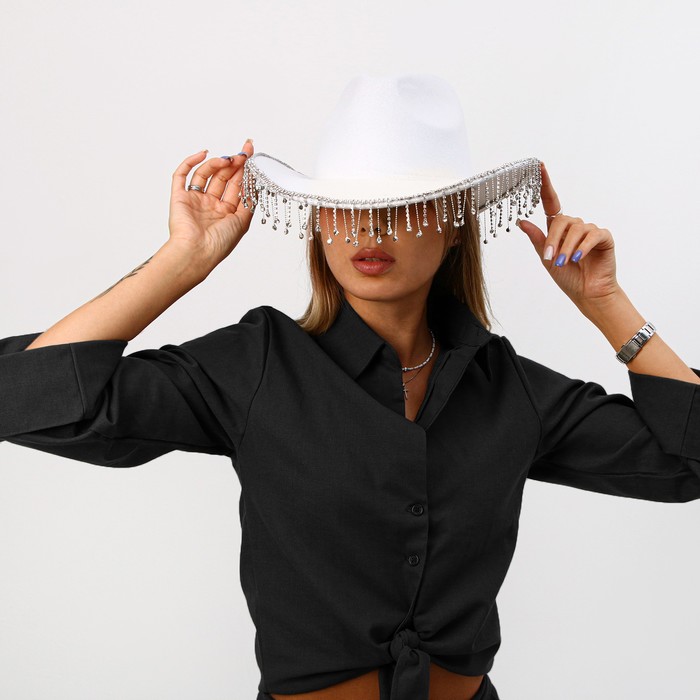 Шляпа ковбойская, со стразами, р. 56 см, цвет белый - Фото 1