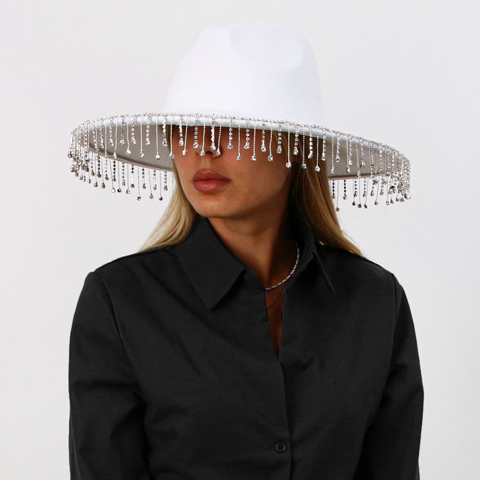 Шляпа с широкими полями, со стразами, р. 56 см, цвет белый - Фото 1