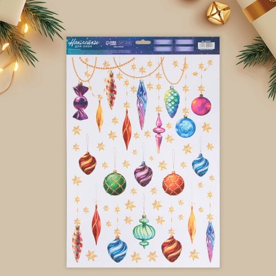 Наклейки новогодние на окна «С Новым годом», игрушки, многоразовые, 33 х 50 см