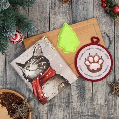 Набор подарочный Этель "Снежный кот": кух.полотенце 40х73см, прихватка 17х17см; хлопок 100%,