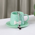Чайная пара керамическая с ложкой «Бантик», 2 предмета: кружка 350 мл, блюдце d=15 см, цвет зелёный - Фото 2