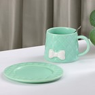 Чайная пара керамическая с ложкой «Бантик», 2 предмета: кружка 350 мл, блюдце d=15 см, цвет зелёный - Фото 3