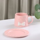 Чайная пара керамическая с ложкой «Бантик», 2 предмета: кружка 350 мл, блюдце d=15 см, цвет розовый - Фото 3