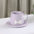 Чайная пара керамическая с ложкой «Бантик», 2 предмета: кружка 350 мл, блюдце d=15 см, цвет сиреневый - Фото 1
