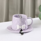Чайная пара керамическая с ложкой «Бантик», 2 предмета: кружка 350 мл, блюдце d=15 см, цвет сиреневый - Фото 2