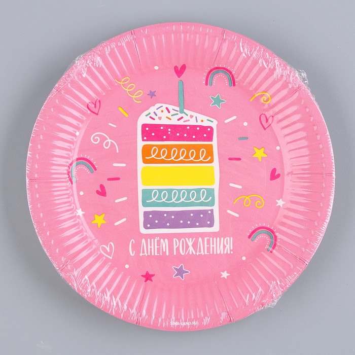 Тарелка бумажная «С днём рождения», торт, 18 см 9796358