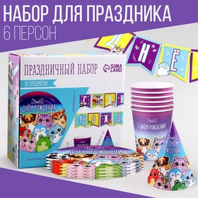 Набор бумажной посуды «С днём рождения», стикеры: 6 тарелок, 1 гирлянда, 6 стаканов, 6 колпаков 9799789