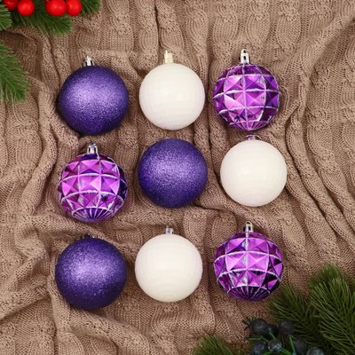 Ёлочные игрушки «Рузи», шары новогодние, d=5.5 см, набор 9 шт., грани, белый/фиолетовый