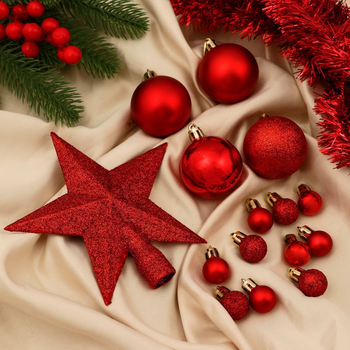 Ёлочные игрушки «Звёздное небо», новогодние, набор 54 шт., мишура 2.5 см, красный - Фото 1