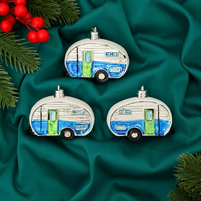 Ёлочные игрушки 3 шт., «Зимнее волшебство, Фургончики» пластик, 4×7 см, синий - Фото 1