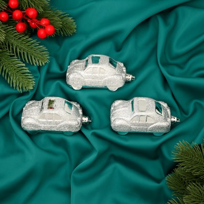 Ёлочные игрушки 3 шт., «Зимнее волшебство, Машинки» пластик, 9×3.5 см, серебро