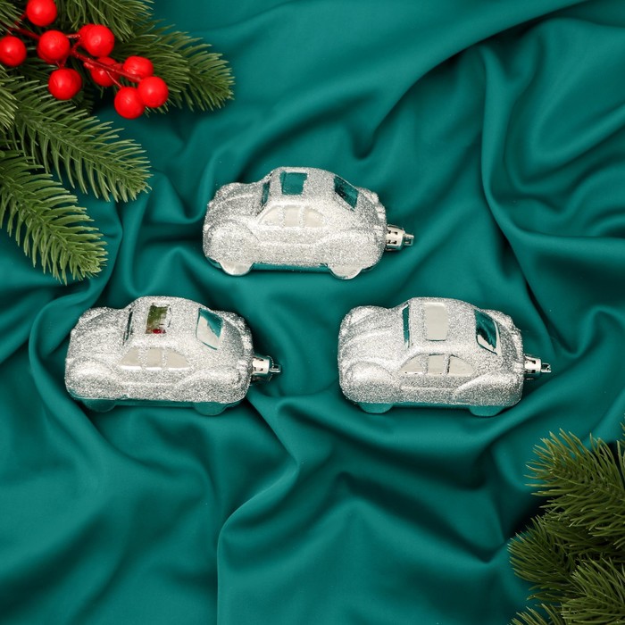 Ёлочные игрушки 3 шт., «Зимнее волшебство, Машинки» пластик, 9×3.5 см, серебро - Фото 1