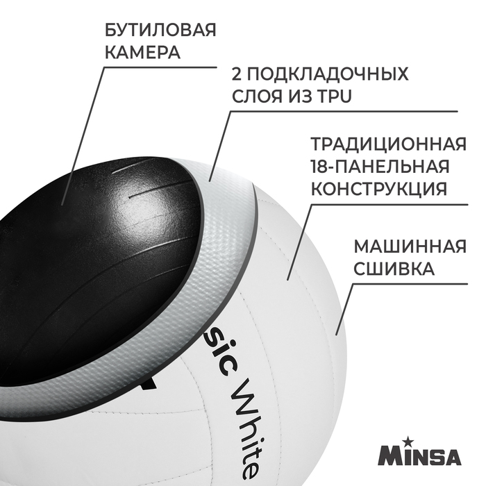 Мяч волейбольный MINSA Basic White, TPU, машинная сшивка, размер 5