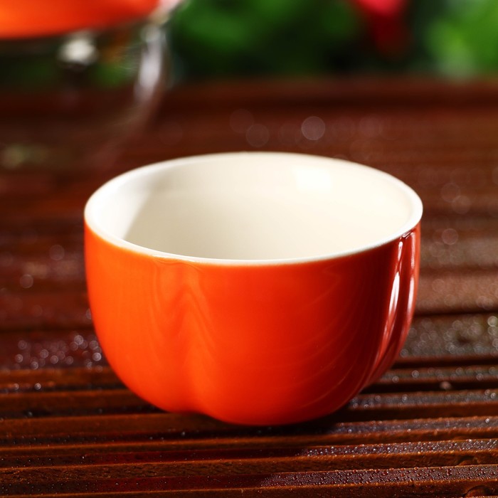 Набор для чайной церемонии керамический «Тыква», 5 предметов: гайвань 200 мл, малая чаша 60 мл, большая чаша 210 мл, тряпка, сумка, цвет оранжевый