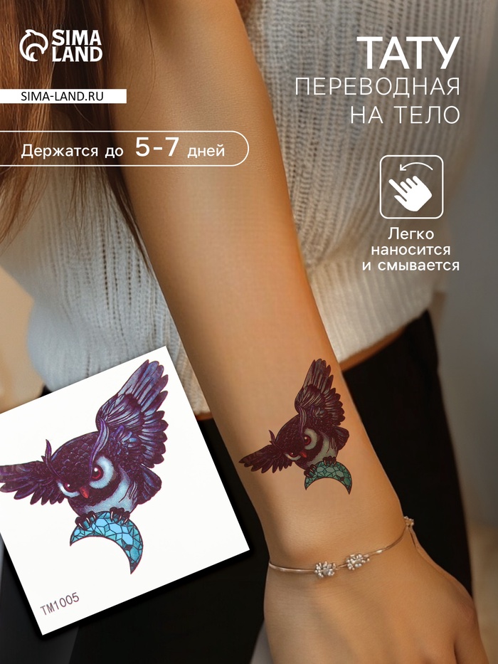 Переводная тату на тело цветная «Сова с месяцем», 6×6 см - Фото 1