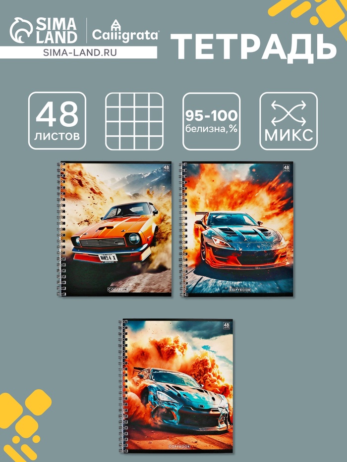 Тетрадь 48 листов в клетку на гребне Calligrata «Авто», МИКС