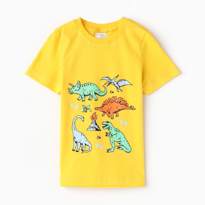 Футболка для мальчика"Динозавры у вулкана", цвет жёлтый , рост 122-128 см - Фото 1