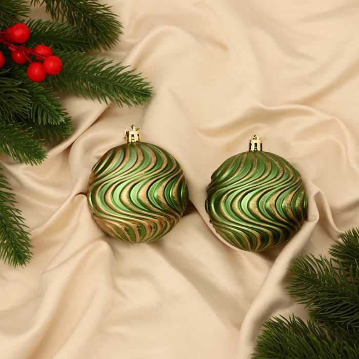 Ёлочные игрушки «Ширин», шары новогодние, d=8 см, набор 2 шт., волна, зелёно-золотой - Фото 1
