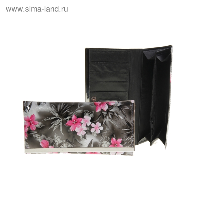 Кошелек женский "Цветочный рай" 2 отдела, отдел на молнии, отдел для визиток, черный - Фото 1
