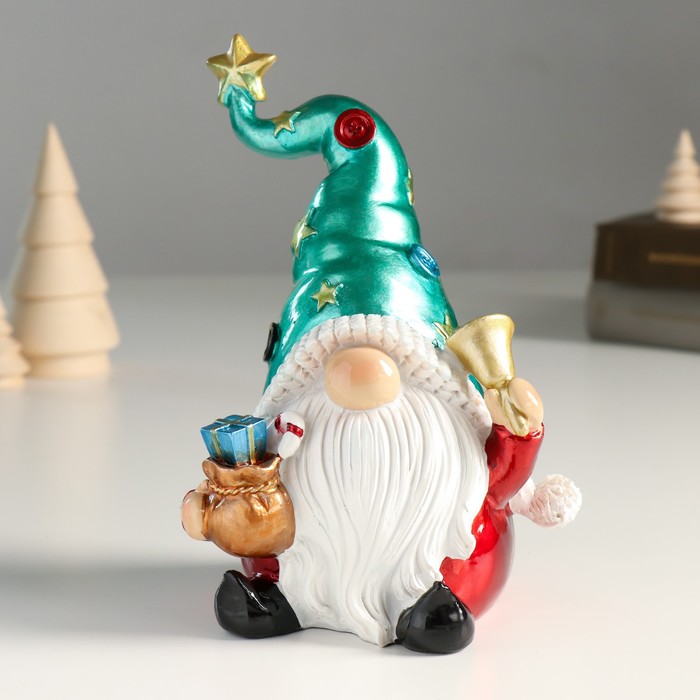 Сувенир полистоун "Дед Мороз в колпаке со звёздами, с колоколом и мешком" 12х9,5х18 см - Фото 1