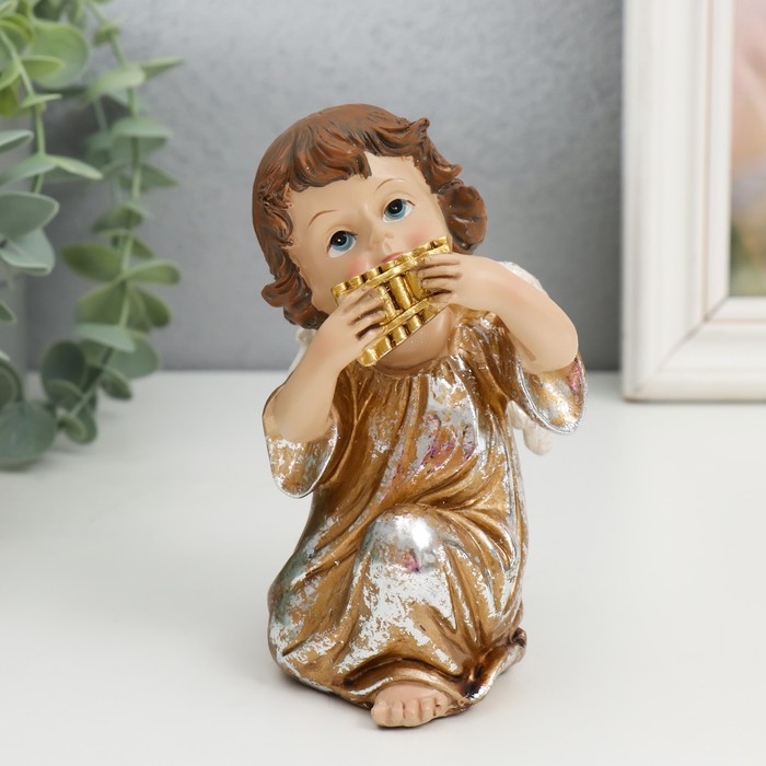Сувенир полистоун "Ангел играет на пан-флейте" золотистый 7х8х12,5 см - Фото 1