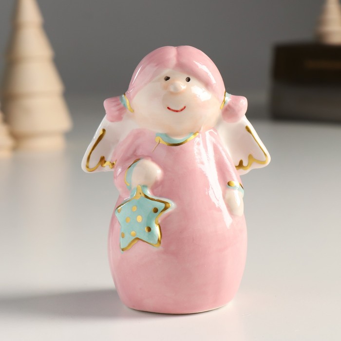 Сувенир керамика "Девочка-ангел с хвостиками, розовое платье, с звёздочкой" 9,3х6,6х4,7 см - Фото 1
