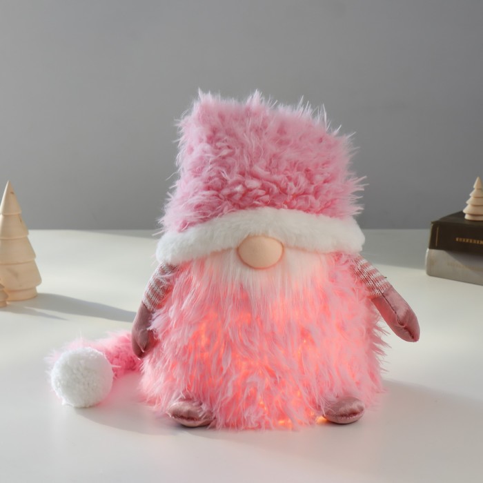 Кукла интерьерная свет "Дед Мороз в розовой шубке и длинном колпаке" 20х20х25 см - фото 1907815237