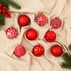 Ёлочные игрушки «Гармония», шары новогодние, d=5.5 см, набор 9 шт., звёзды, полоски, красно-белый - Фото 1