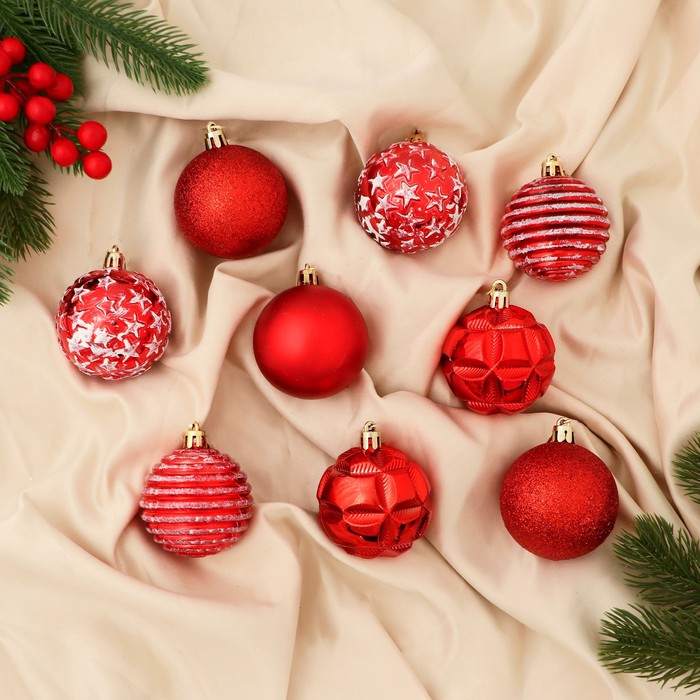 Ёлочные игрушки «Гармония», шары новогодние, d=5.5 см, набор 9 шт., звёзды, полоски, красно-белый - Фото 1