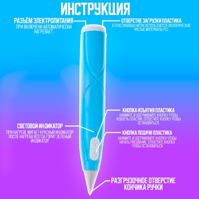 3D ручка с блоком питания, PCL пластик, светится в темноте, голубая