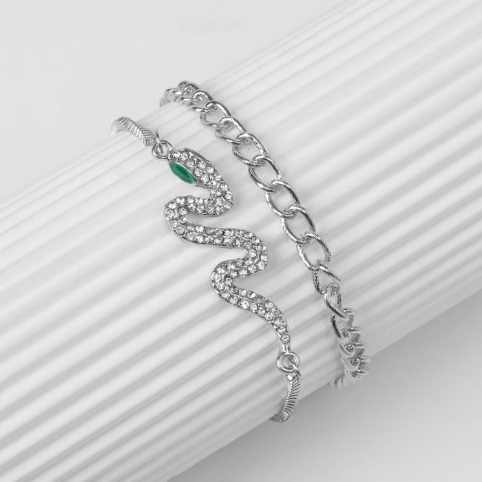 Браслеты набор 2 шт. «Змея» и цепь, цвет бело-зелёный в серебре - Фото 1