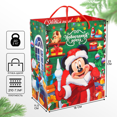 Пакет подарочный новогодний, 18х23х11.5 см, упаковка, Микки Маус