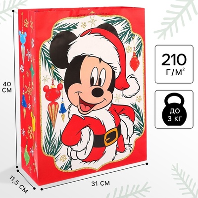 Пакет подарочный новогодний, 31×40×11.5 см, упаковка, Микки Маус