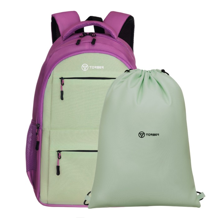 Рюкзак молодежный 45 х 30 х 18 см, эргономичная спинка, + мешок, TORBER CLASS X, розовый/салатовый T2602-23-Gr-P - Фото 1