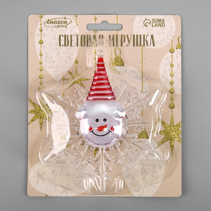 Светодиодная игрушка на липучке «Снежинка со снеговиком» 13 см, батарейки LR44х3, свечение мульти - фото 1884282257
