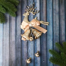 Украшение новогоднее "Уютная сказка" колокольчики олень бант бусина, 14х33 см, золото
