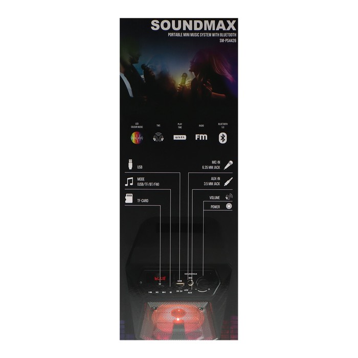 Портативная караоке система Soundmax SM-PS4426, 35 Вт, FM, AUX, USB, BT, 1200 мАч, чёрная - фото 51465692