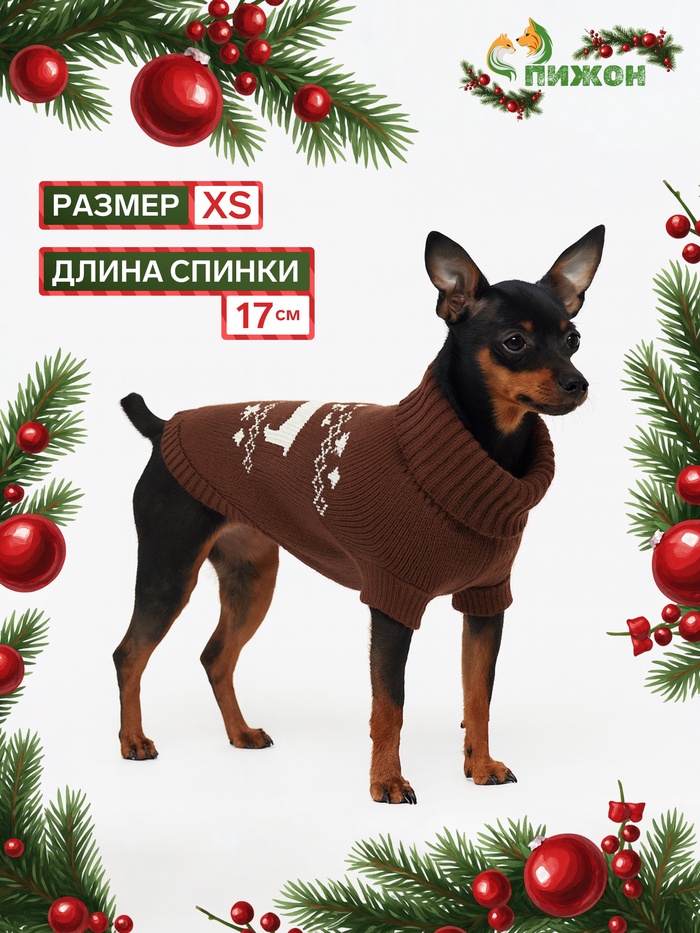 Свитер «Олень», XS (ДС 17, ОШ 17, ОГ 23-37 см), коричневый - Фото 1