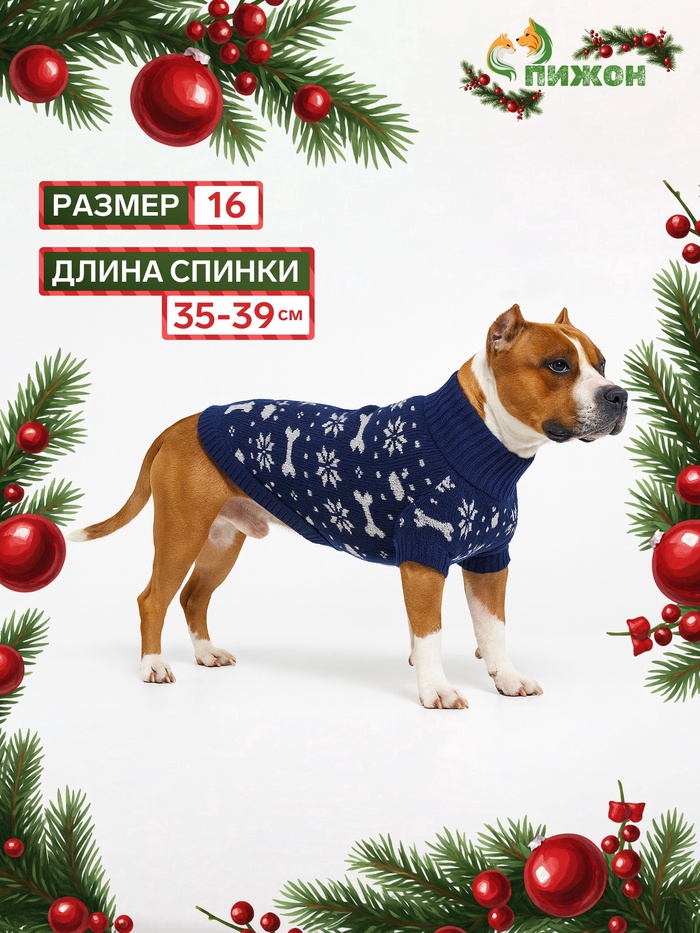 Свитер «Косточки-снежинки», размер 16 (ДС 35-39, ОГ 38-50, ОШ 24-28 см), синий - Фото 1