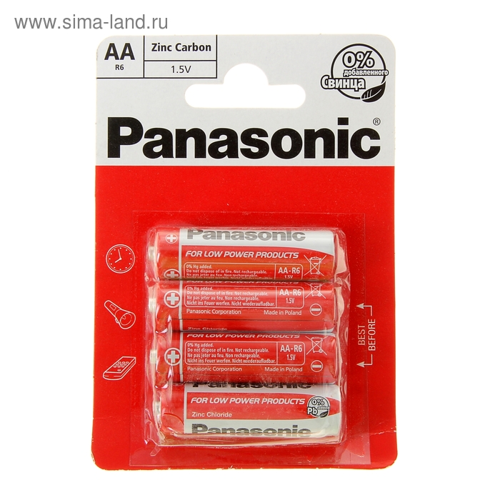 Батарейка солевая Panasonic Zinc Carbon, AA, R6-4BL, 1.5В, блистер, 4 шт, - Фото 1