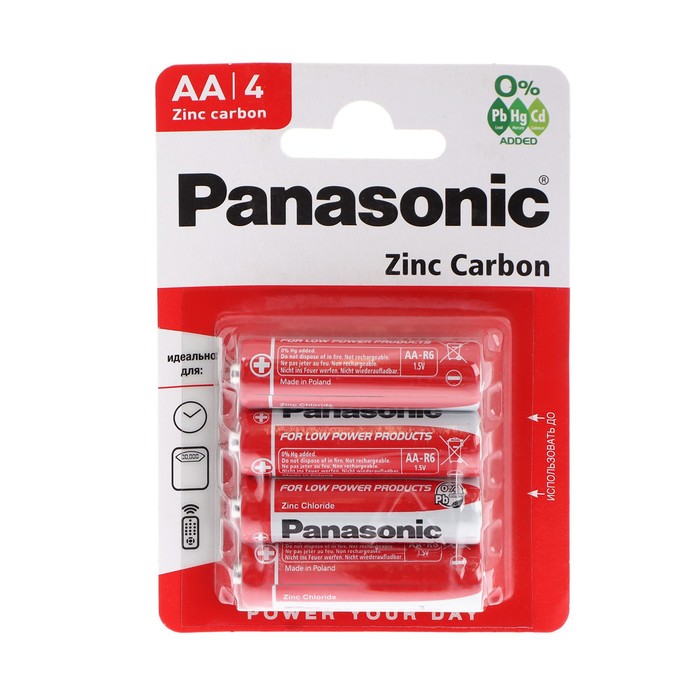 Батарейка солевая Panasonic Zinc Carbon, AA, R6-4BL, 1.5В, блистер, 4 шт, - фото 51438675