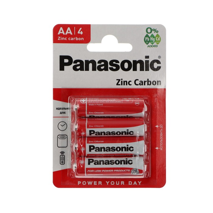 Батарейка солевая Panasonic Zinc Carbon, AA, R6-4BL, 1.5В, блистер, 4 шт, - фото 51438676