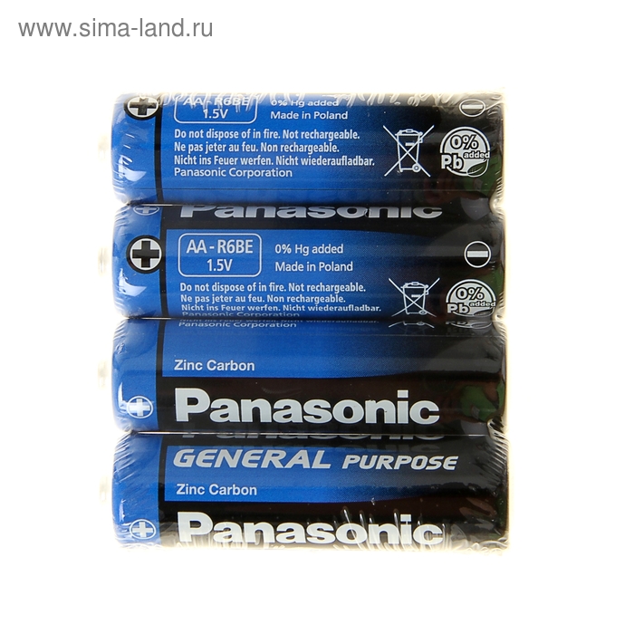 Батарейка солевая Panasonic General Purpose, AA, R6-4S, 1.5В, спайка, 4 шт. - Фото 1
